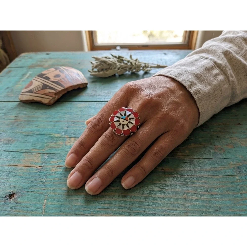 Handmade Zuni Cluster Ring Size 10.5US - Women's‎ Southwest Native Jewelry **